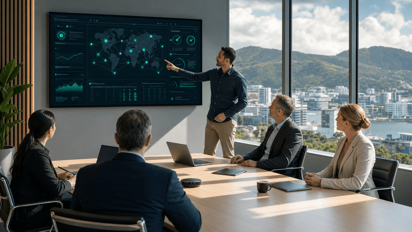 Business meeting table with laptops and a glowing blue padlock hologram, dim lighting and blurred city backdrop